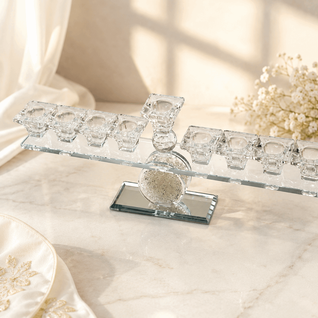 Hanukkiah – Orbit Crystal Hanukkah Menorah | Colorful or Clear Crystal Edition