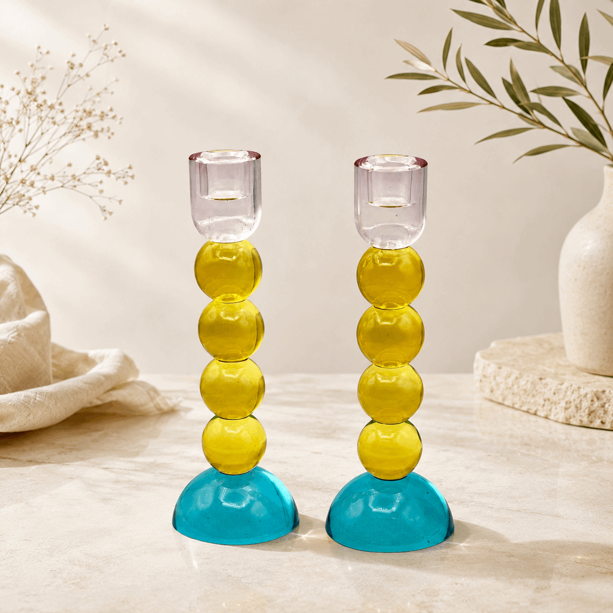 Candlesticks – Modern Glass Shabbat & Yom Tov Candlesticks | Pastel Blue, Yellow & Pink Bubble Design