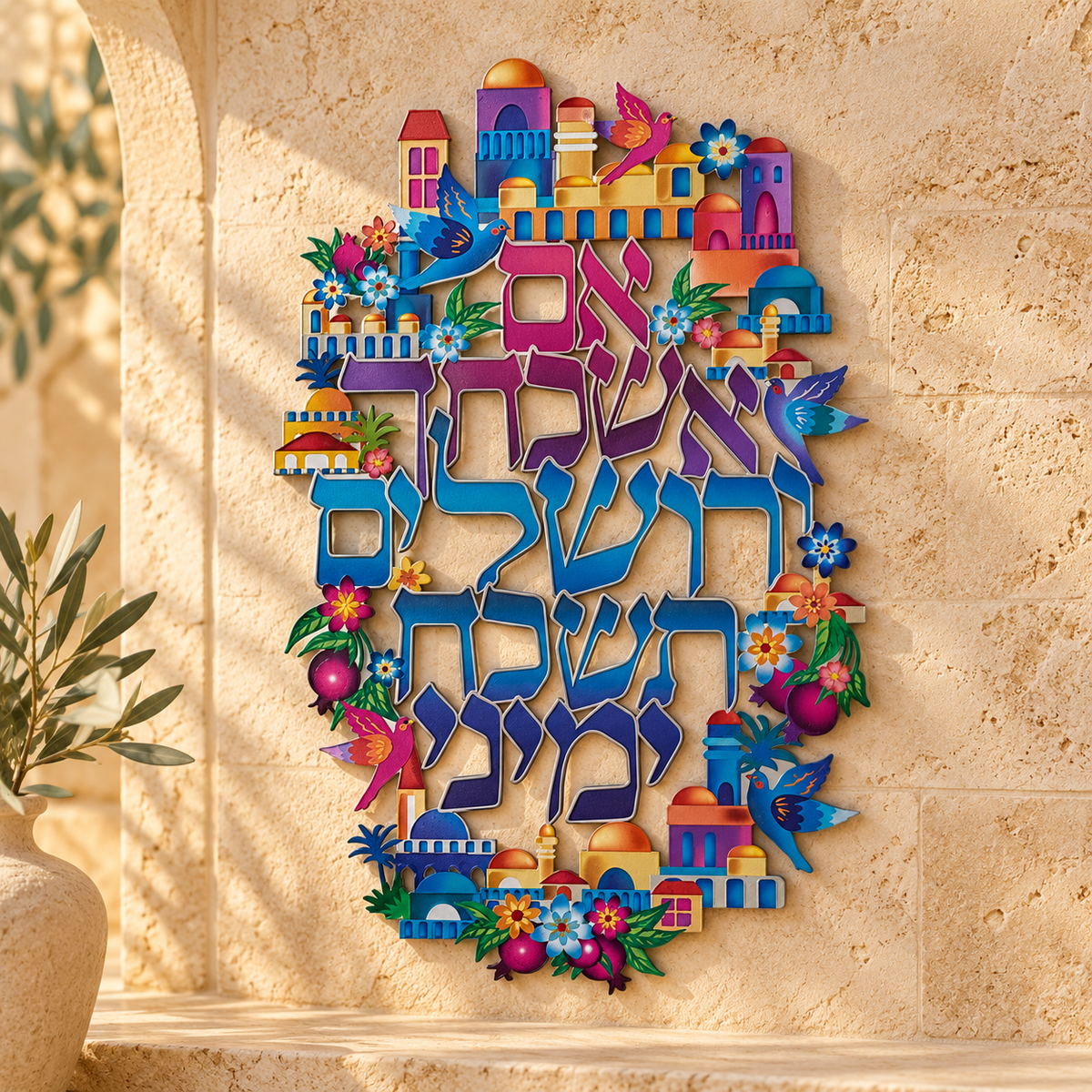 Im Eshkachech Yerushalayim – Colorful Metal Jerusalem Wall Art | Hebrew Jewish Home Decor