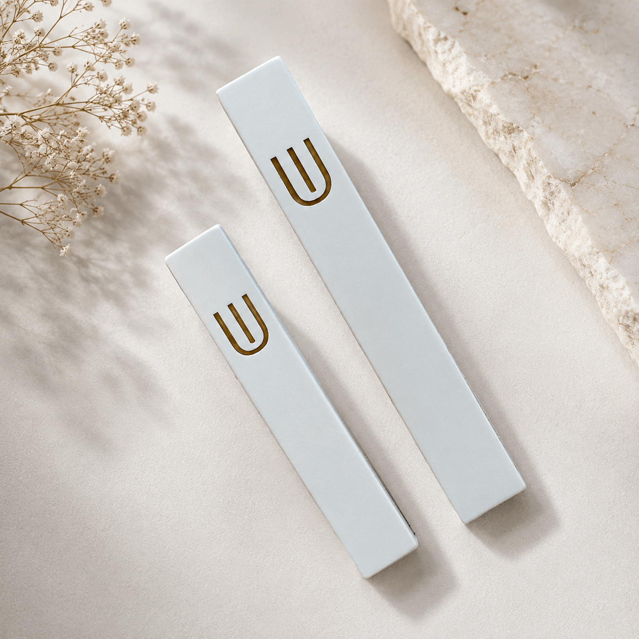Mezuzah Case – White Concrete Mezuzah with Gold Shin | Fits 5.9" or 7.9" Klaf