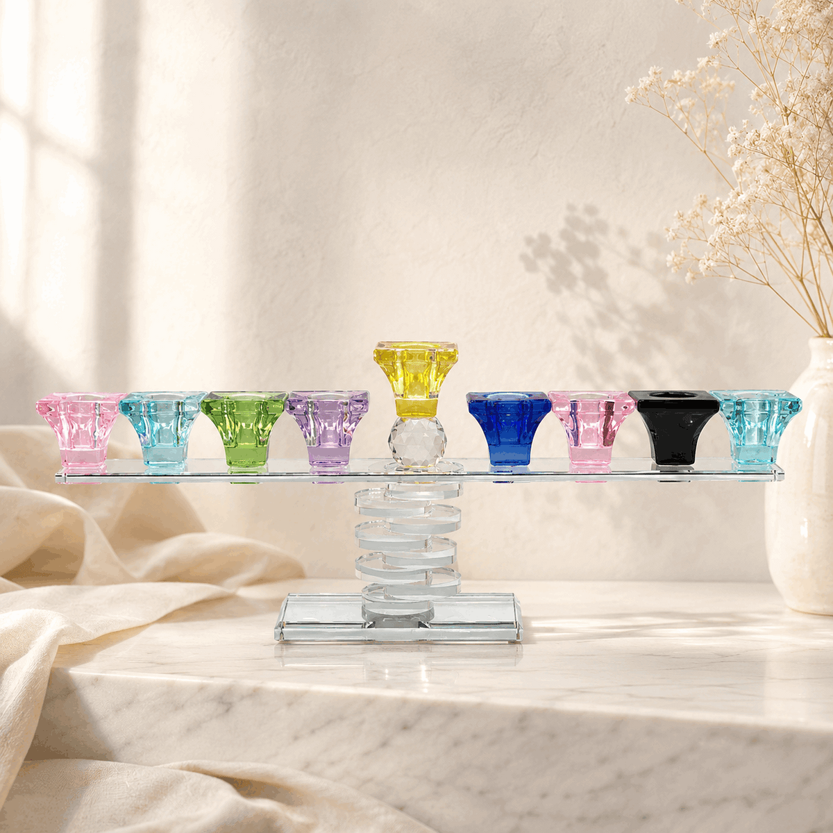 Hanukkiah – Twin Spiral Crystal Hanukkah Menorah | Colorful or Clear Crystal Edition