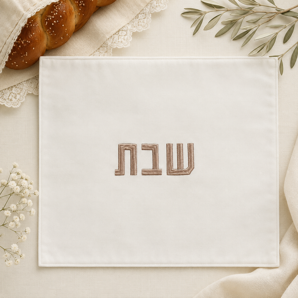 Challah Cover – Organic Bamboo Fabric Shabbat Challah Cover | White Velvet Touch with Copper Embroidery