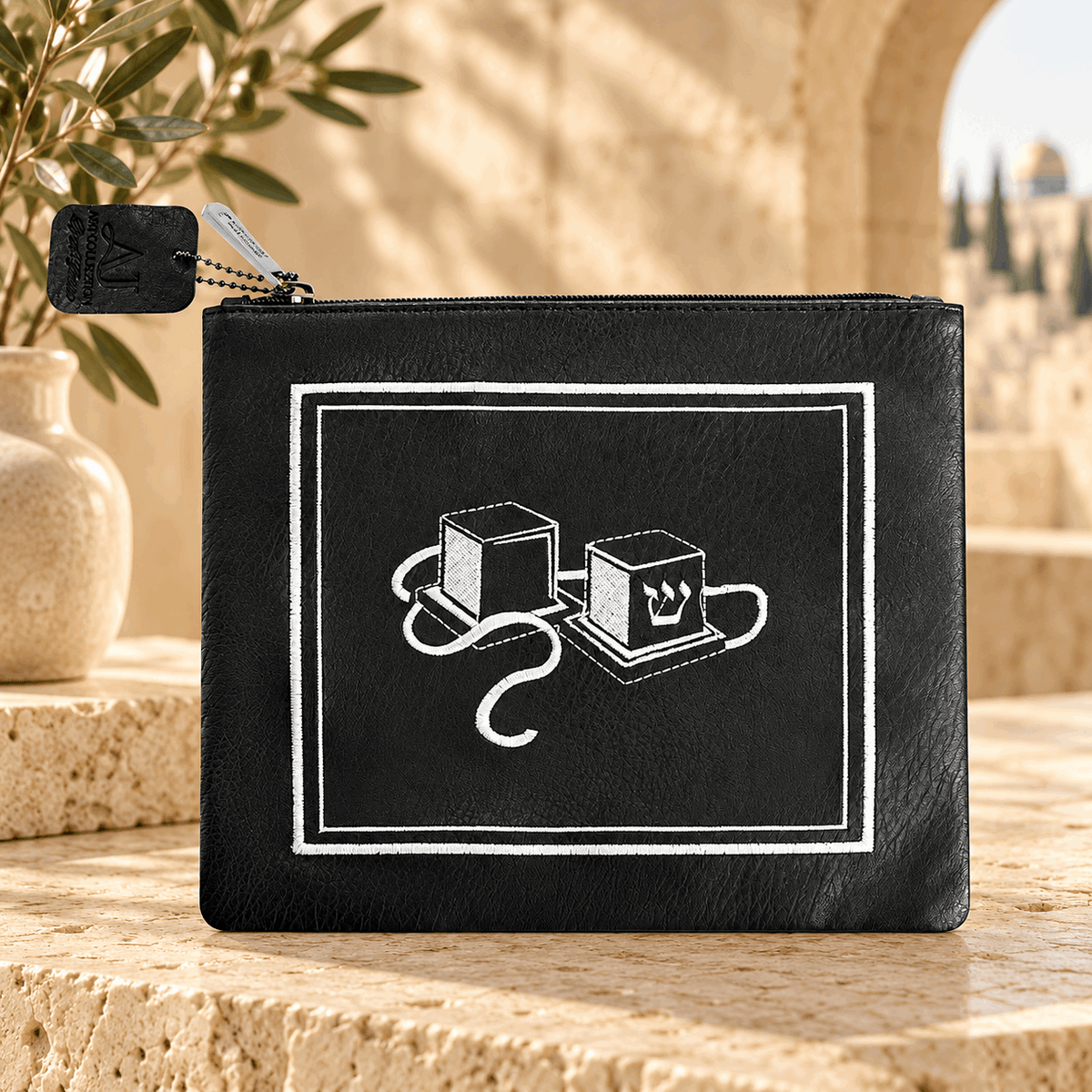 Tefillin Bag – Black Faux Leather with Silver Tefillin Embroidery | Elegant Zippered Design