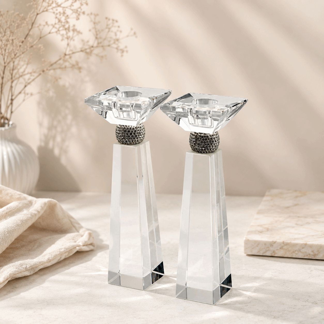 Candlesticks - Crystal Shabbat & Yom Tov Candlesticks | Faceted Crystal Pillar Design