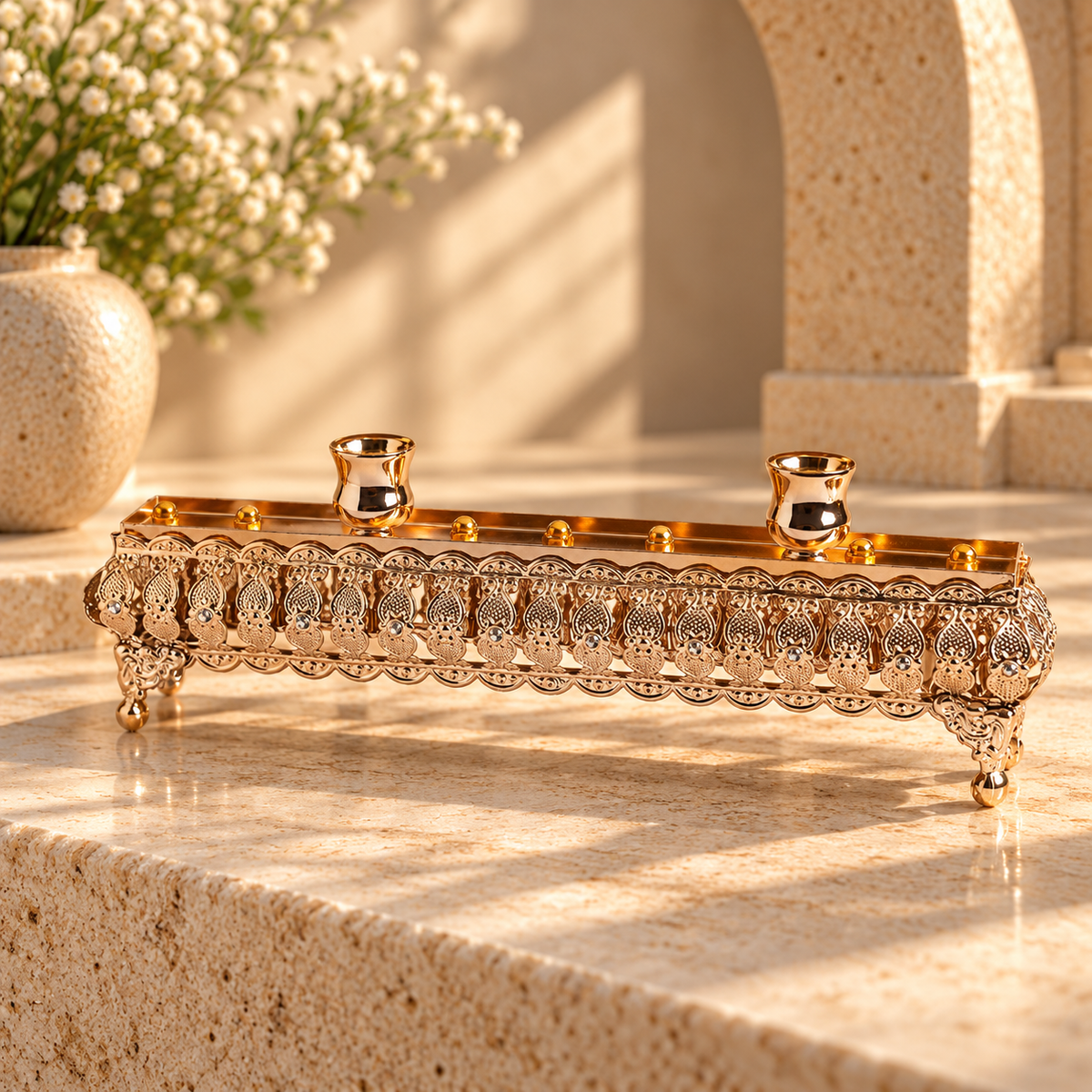 Hanukkiah – Reversible Rose Gold Hanukkah Menorah & Shabbat Candlestick Holder | Ornate Crystal-Accent Design