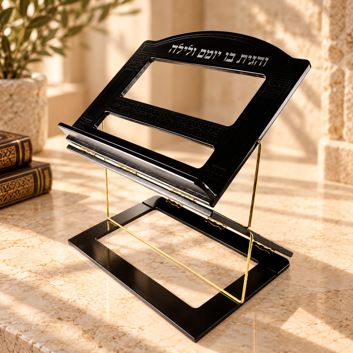 Shtender – Deluxe Folding Mahogany Wood Torah Book Stand | Black Shaar Vilna Design
