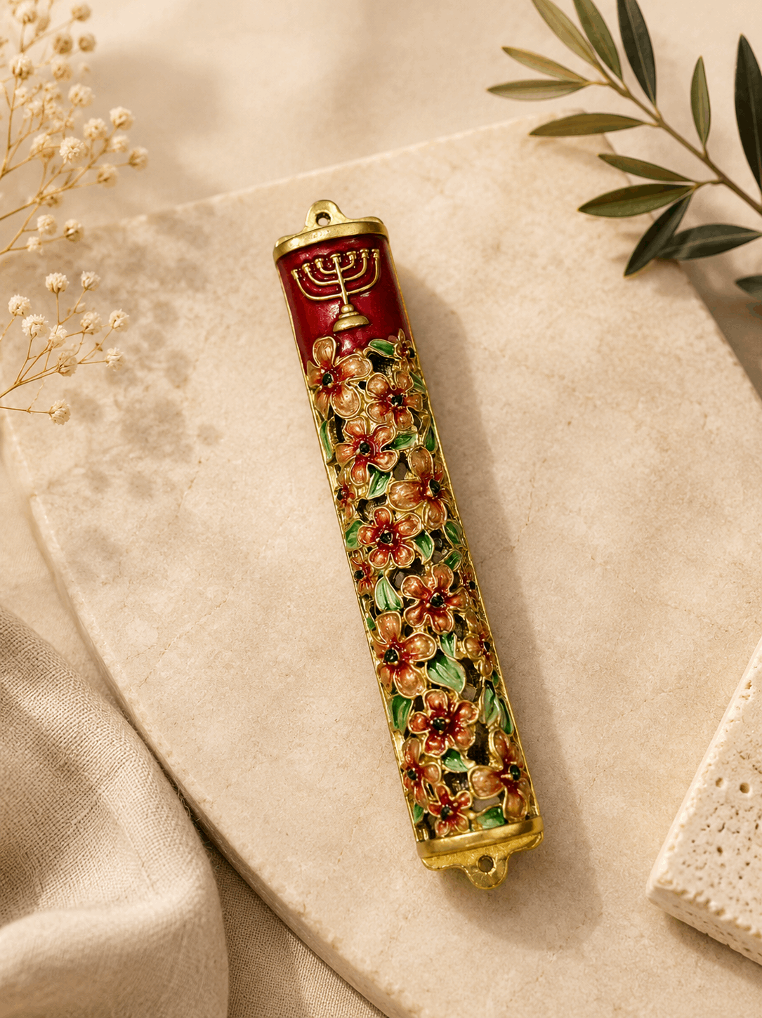 Mezuzah Case – Floral Menorah Metal Mezuzah | Fits 5.5" Klaf
