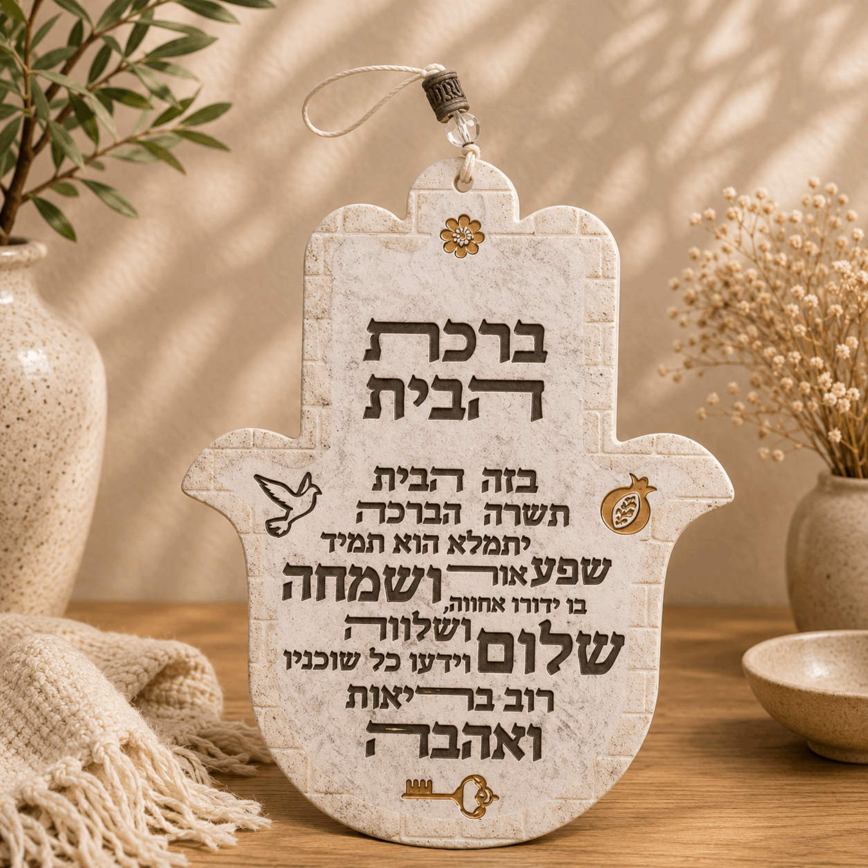 Hebrew Birkat HaBayit Hamsa Wall Decor – Stone Design