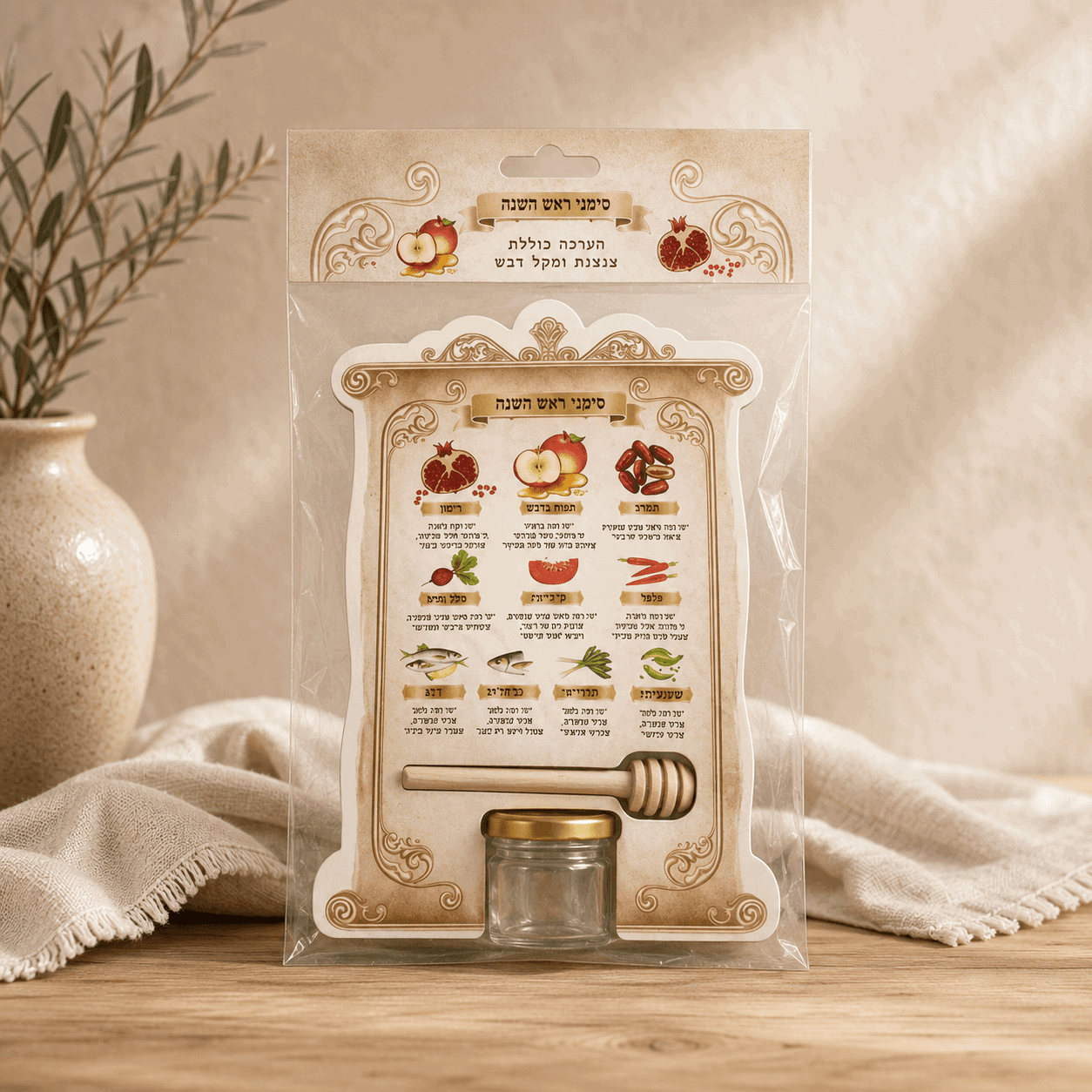 Rosh Hashanah Honey Set - Glass Jar, Dipper & Blessings Card for