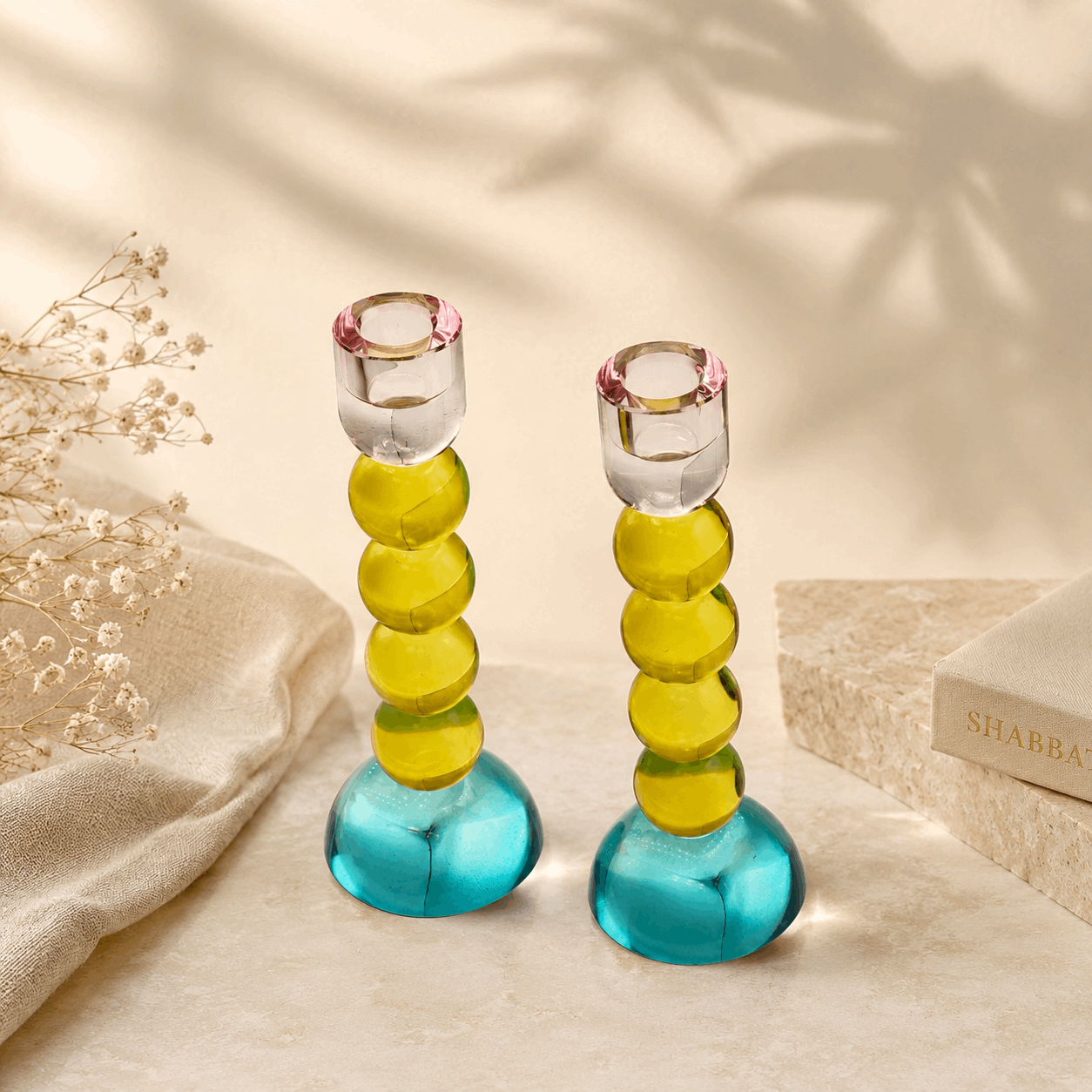 Candlesticks – Modern Glass Shabbat & Yom Tov Candlesticks | Pastel Blue, Yellow & Pink Bubble Design