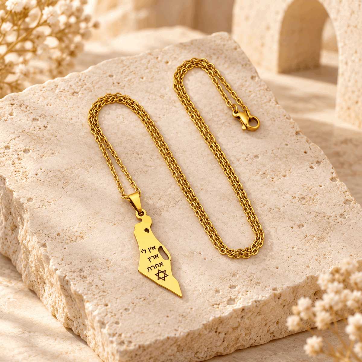 Israel Map Necklace – Stainless Steel Eretz Yisrael Pendant with Hebrew "Ein Li Eretz Acheret" & Star of David | Gold & Silver