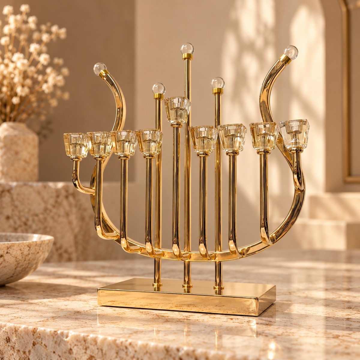 Hanukkiah – Luxury Rose Gold Plated Metal Hanukkah Menorah | Or HaZahav Harp Design with Glass Cups