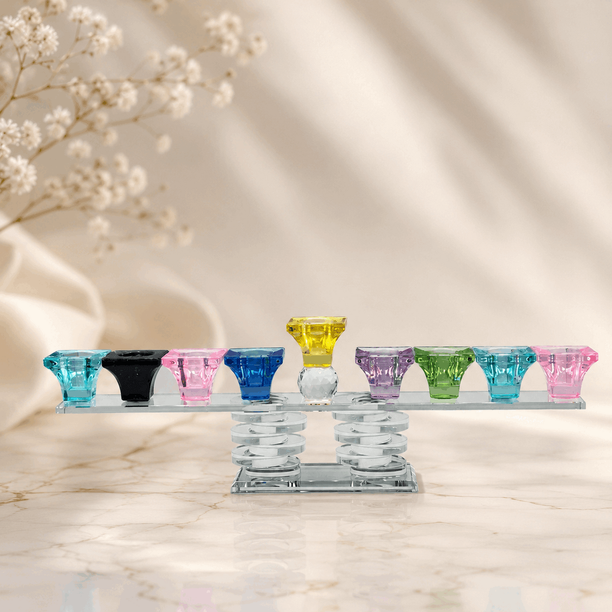 Hanukkiah – Twin Spiral Crystal Hanukkah Menorah | Colorful or Clear Crystal Edition