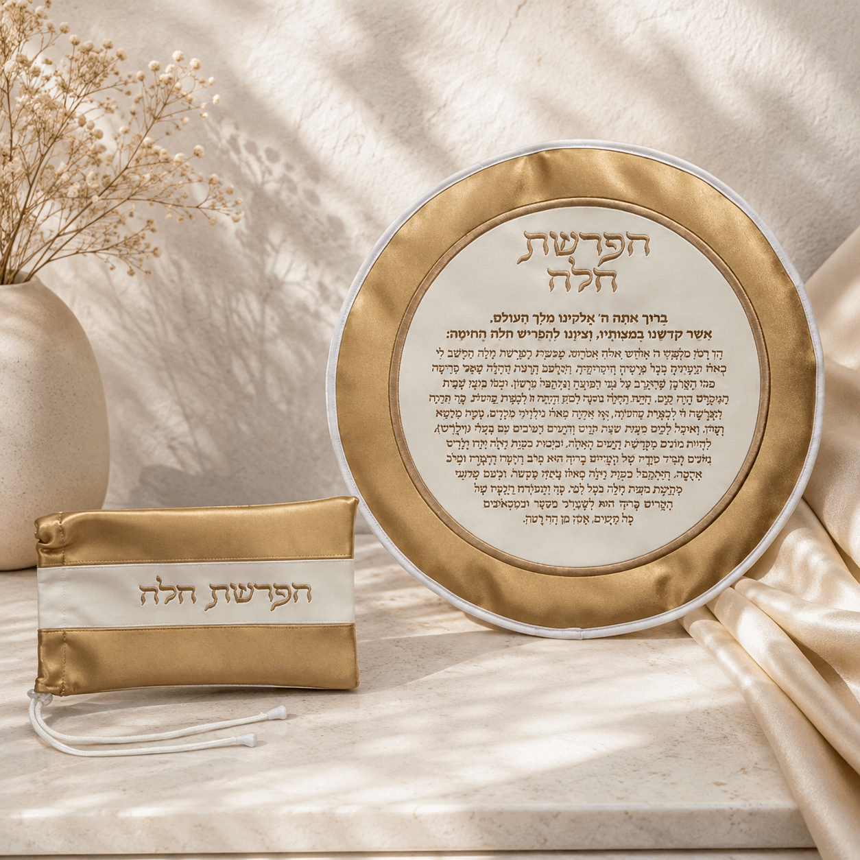Hafrashat Challah Set – Challah Separation Cover & Matching Pouch | Gold or Rose Gold