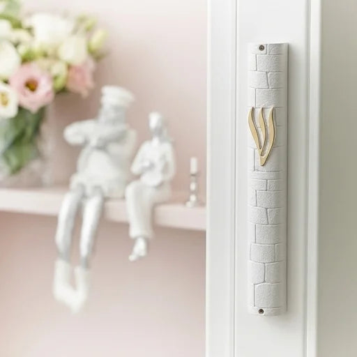 Mezuzah Case – White Plastic Kotel Western Wall Design with Gold Shin | Fits Up to 30 cm (11.8") Klaf