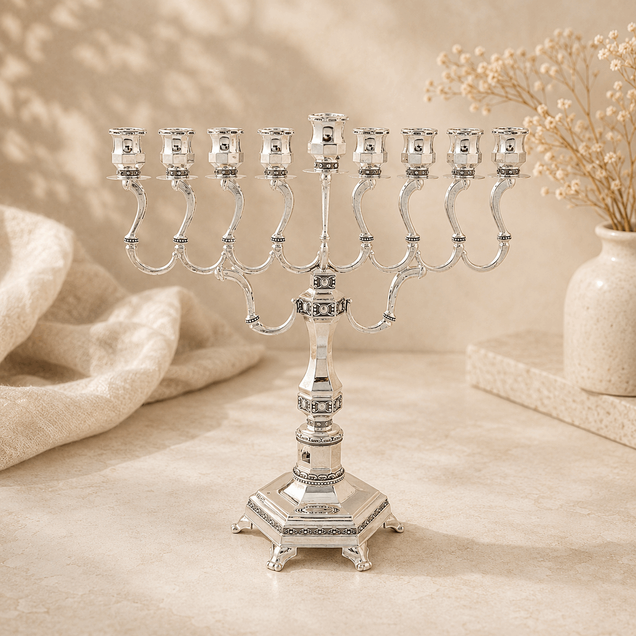 Hanukkiah - Diamond Nickel-Plated Silver Oil Menorah