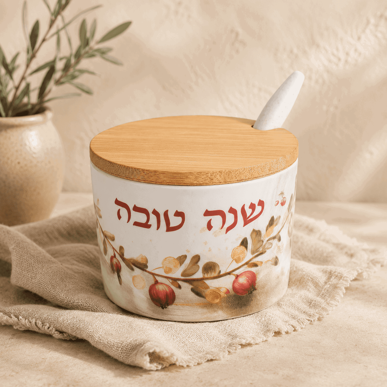 Honey Dish with Spoon - Natural Bamboo “Shana Tova”