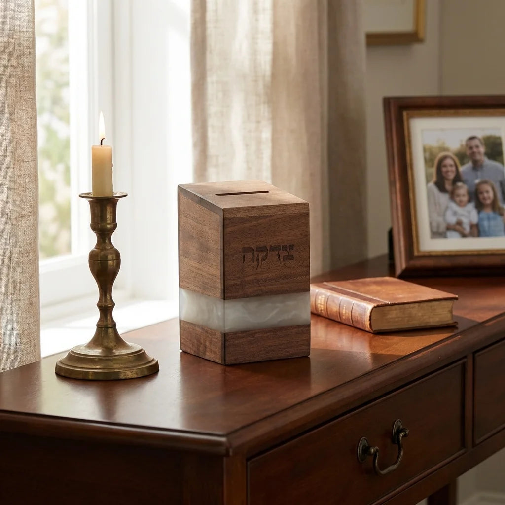 Tzedakah Box – Solid Wood & White Epoxy Charity Box | Wall Mounted Modern Judaica