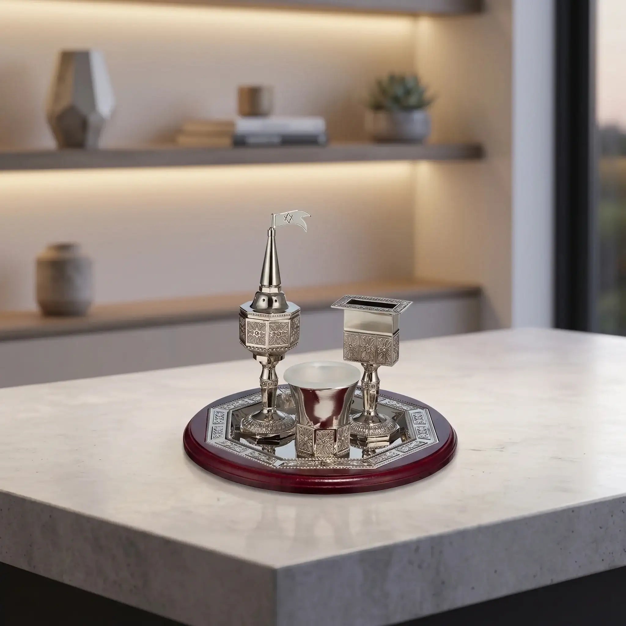 Havdalah Set – Mahogany Wood & Nickel Havdalah Set with Matching Tray