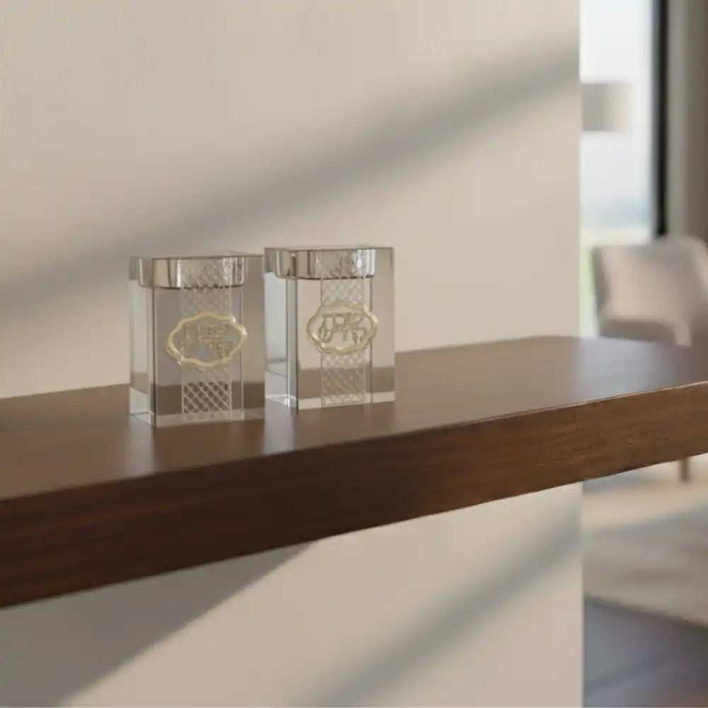 Shabbat Candlesticks - Square Crystal Gold Plaque Design