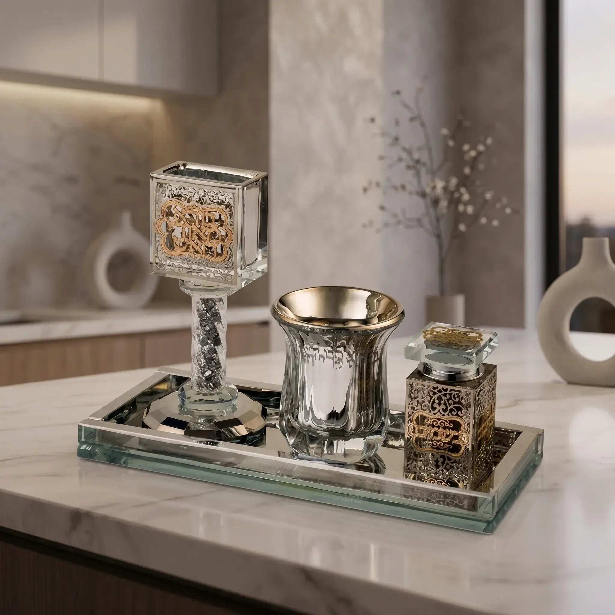 Crystal Havdalah Set with Decorative Plaque