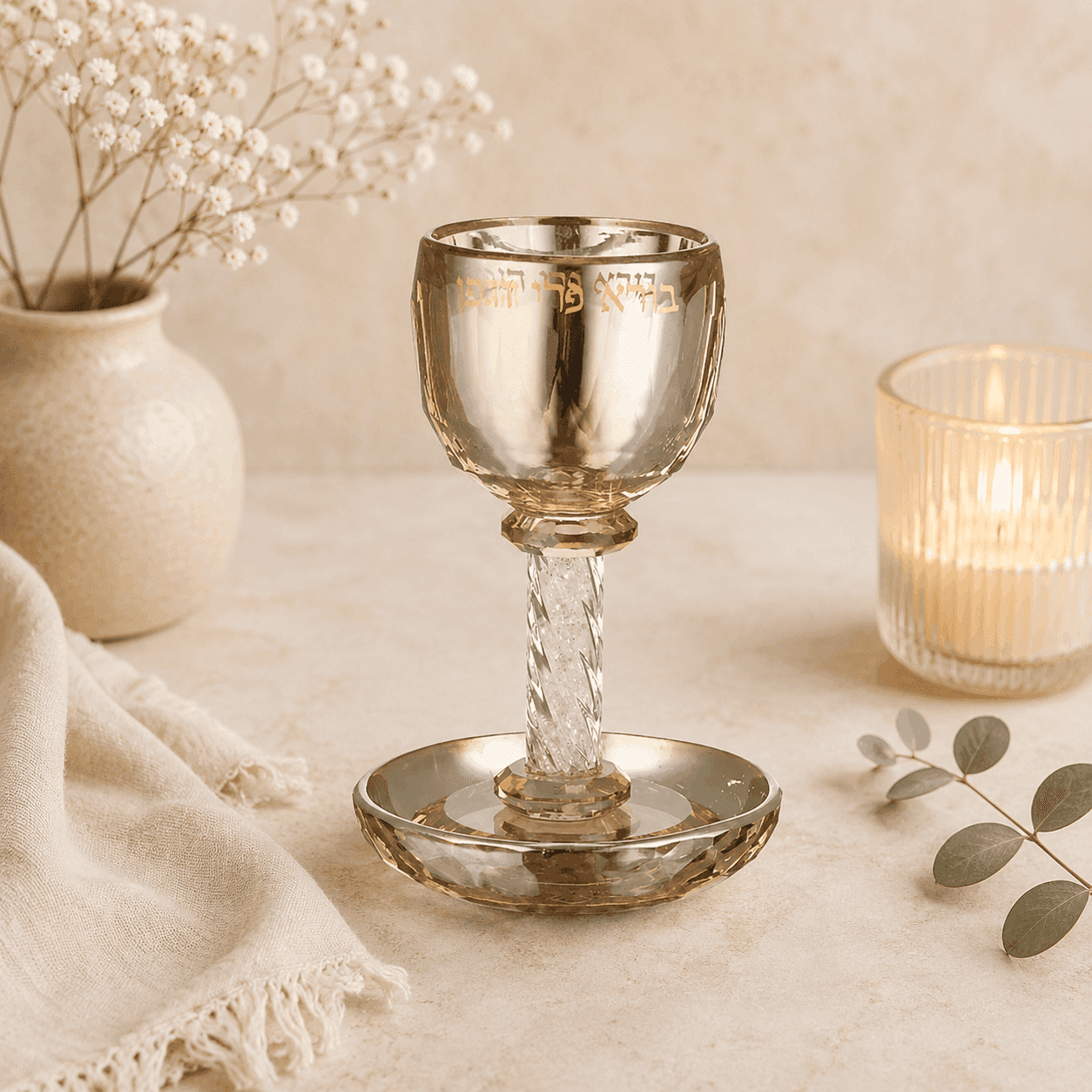 Crystal Kiddush Cup - Gold Finish with Saucer