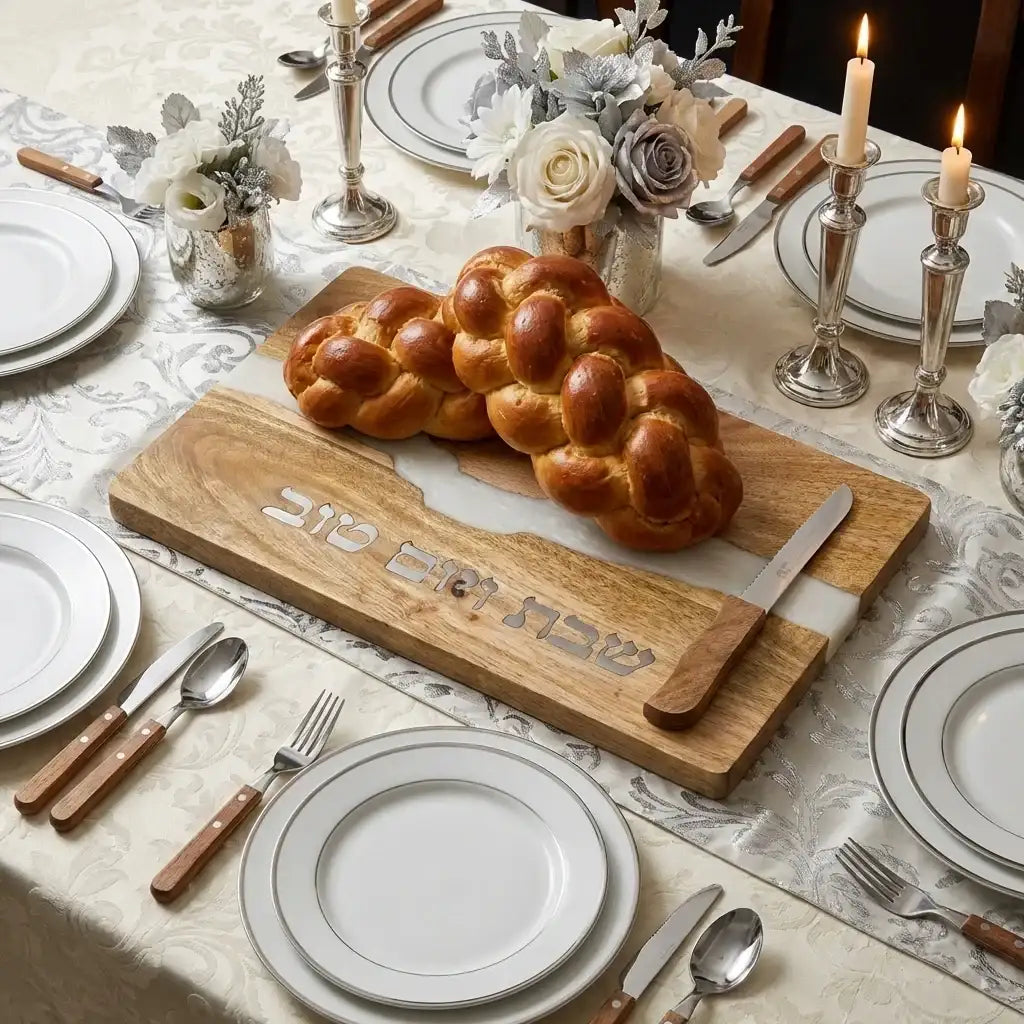 Challah Board – Wood & White Epoxy Board | Knife Included Design