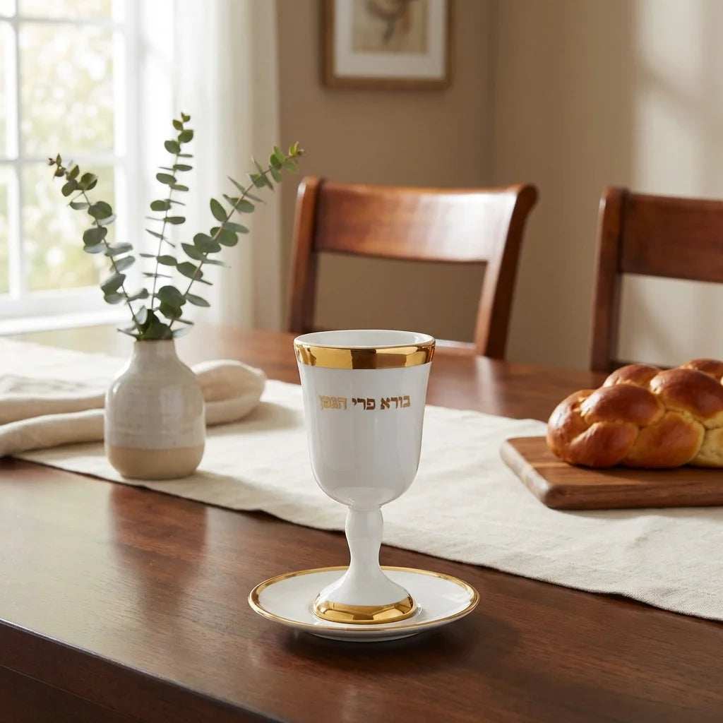 Kiddush Cup - Ceramic Gold with Saucer