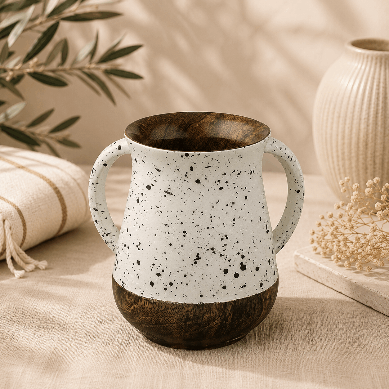 Netilat Yadayim Washing Cup - Compact Mango Wood Black Speckled