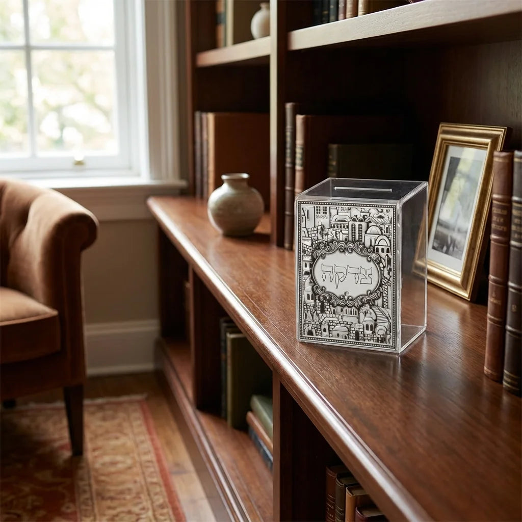 Tzedakah Box – Acrylic Jerusalem Charity Box with Silver Plaque | Wall Mounted Judaica
