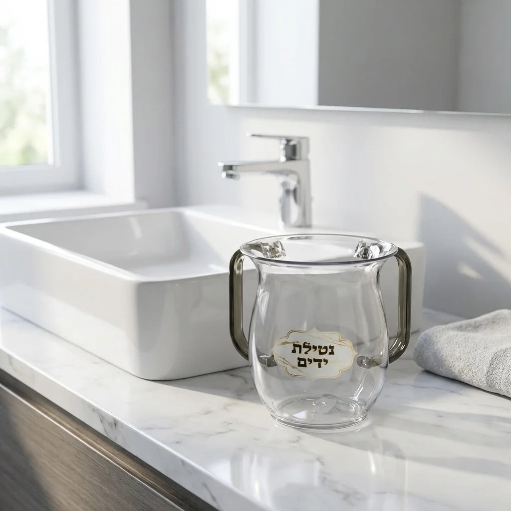Netilat Yadayim Washing Cup – Clear Acrylic Netilah Cup with Hebrew Design