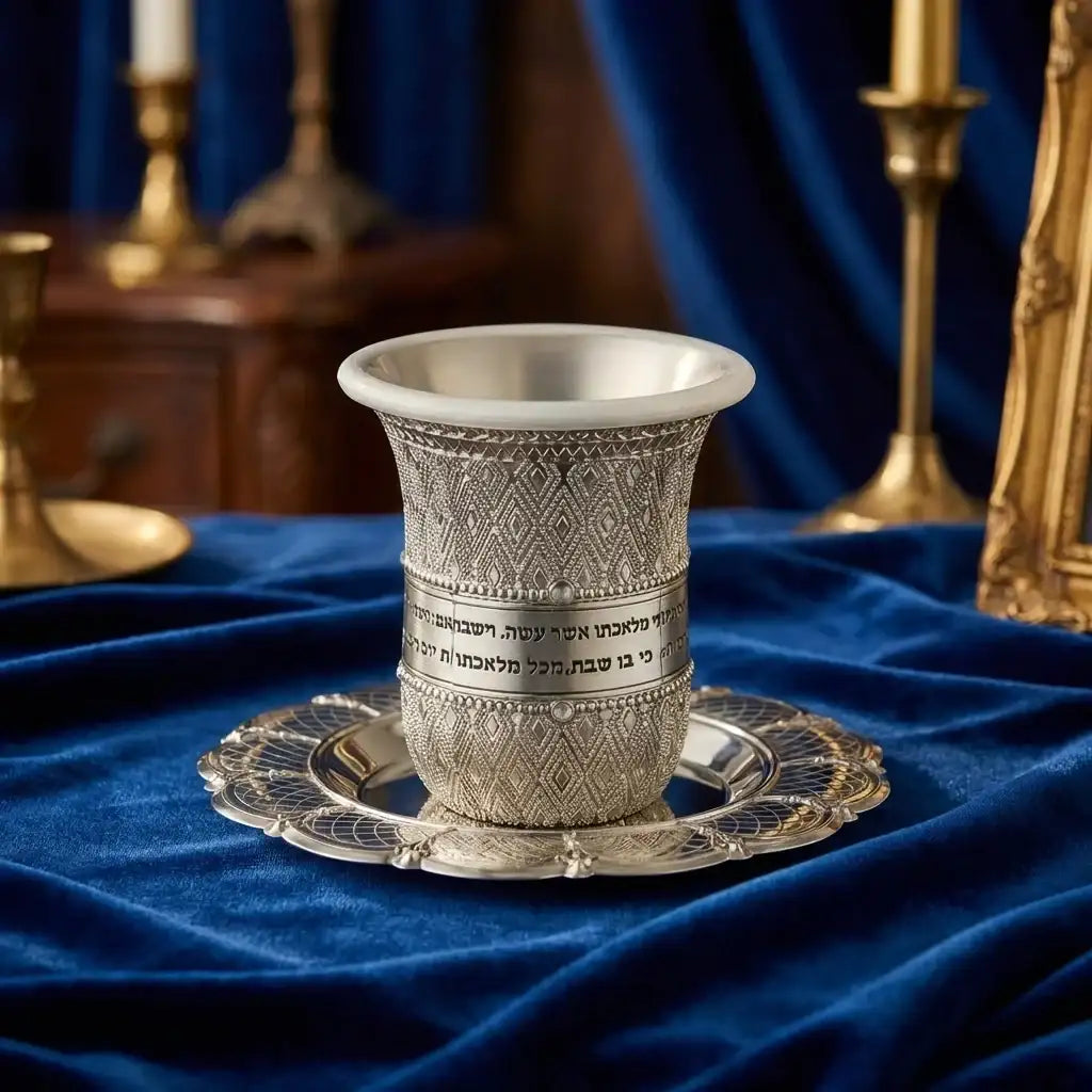Kiddush Cup – Nickel Kiddush Cup with Saucer | Filigree Borei Pri HaGafen Design