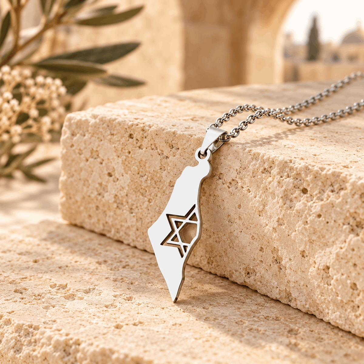 Israel Map Necklace – Stainless Steel Solid Eretz Yisrael Pendant with Star of David Cutout | Gold & Silver
