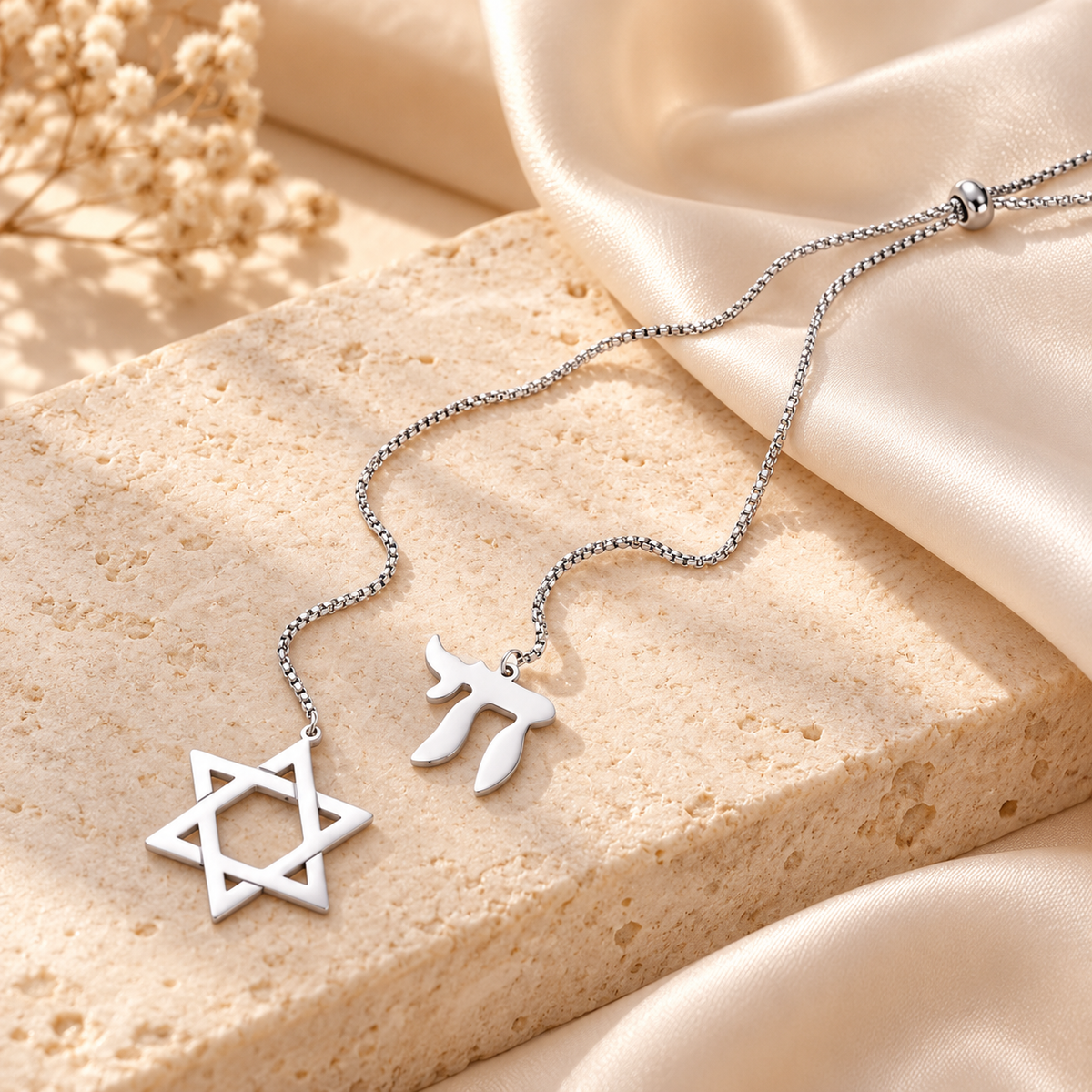 Star of David & Chai Necklace – Stainless Steel Double Pendant Necklace with Front Ring Clasp | Gold or Silver Jewish Jewelry