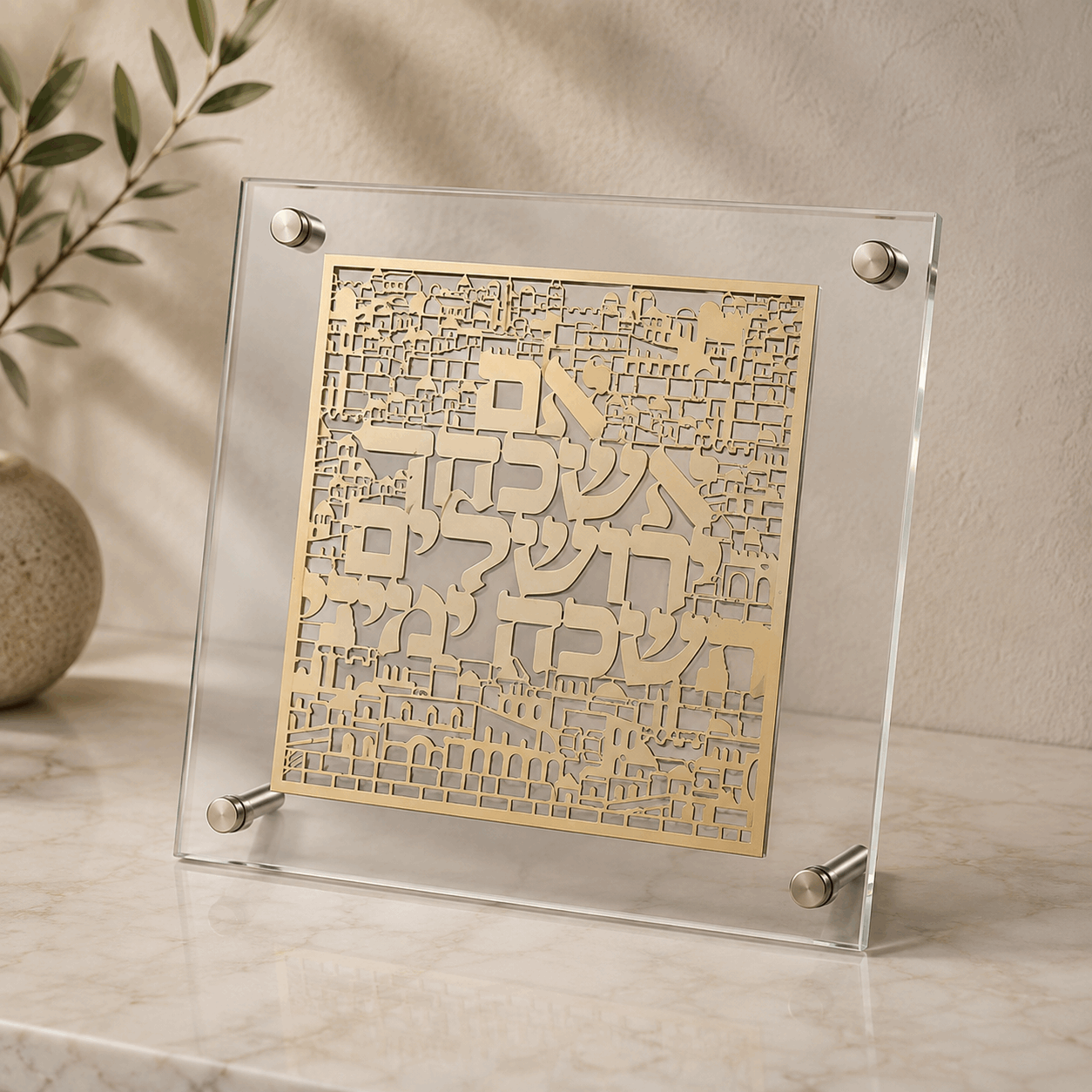 Im Eshkachech – Acrylic Jerusalem Wall Art with Gold Plaque