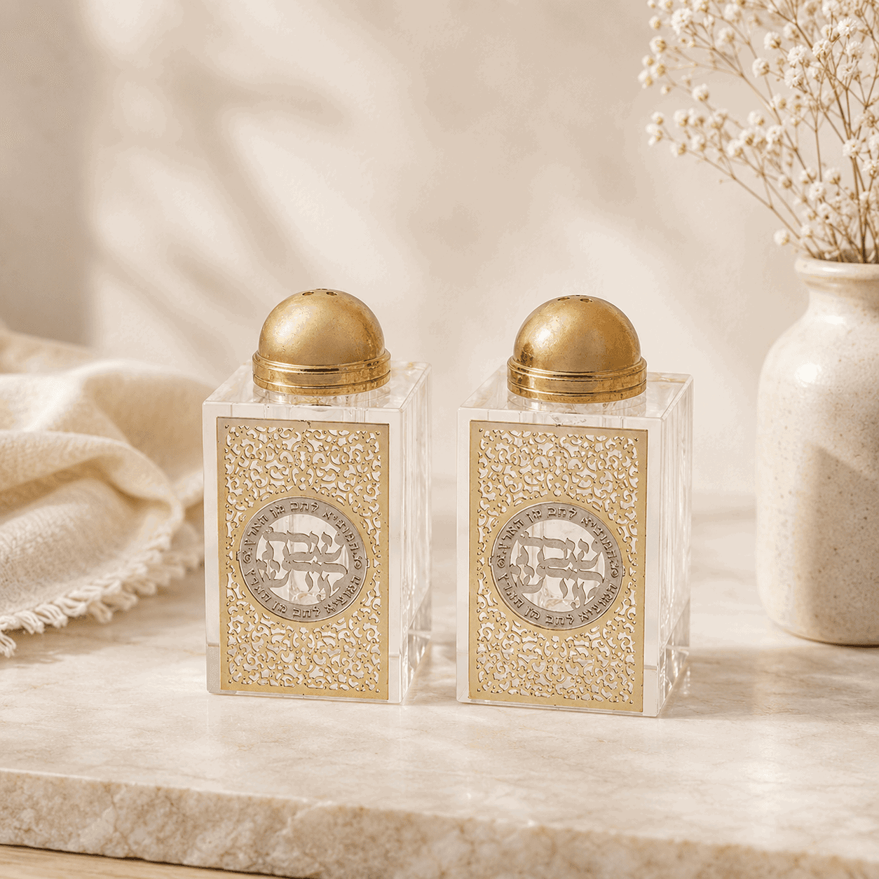 Salt Set - Crystal Filigree Gold & Silver “Shabbat Kodesh”