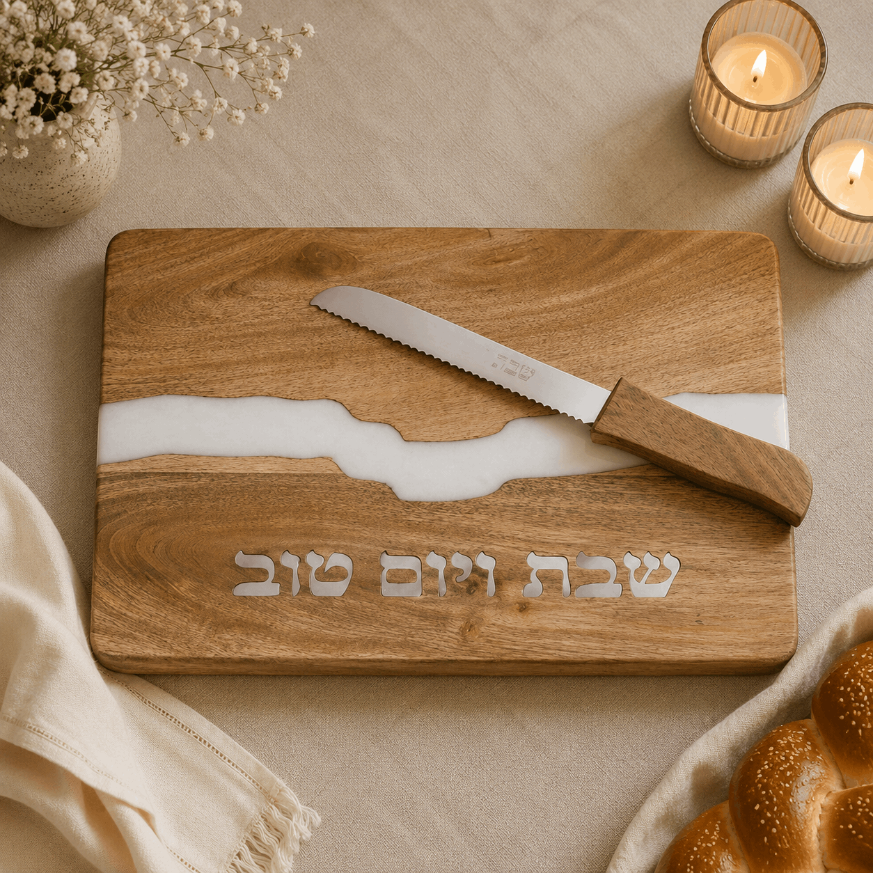 Challah Board – Wood & White Epoxy Board | Knife Included Design