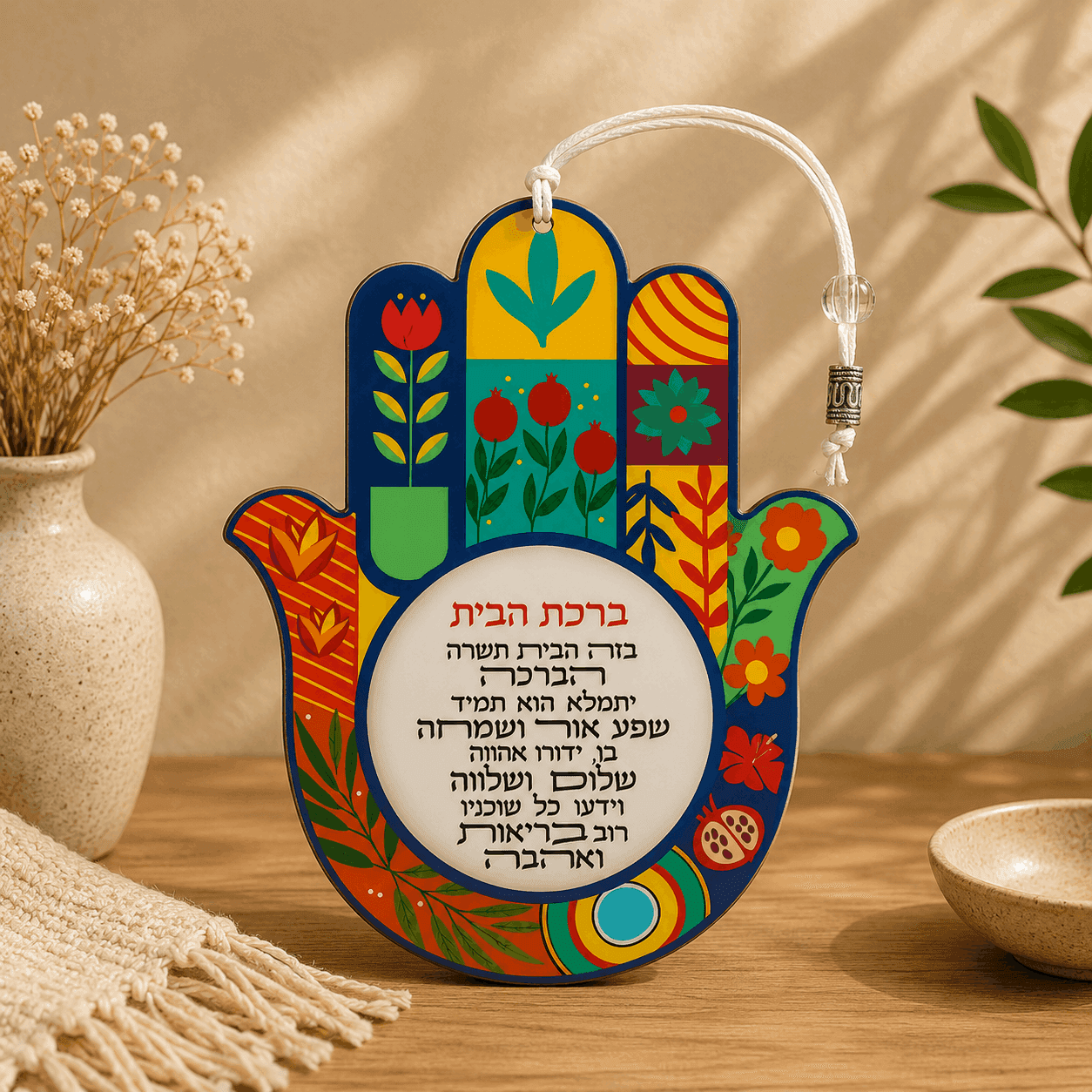 Hebrew Birkat HaBayit Hamsa Wall Decor – Epoxy & Wood