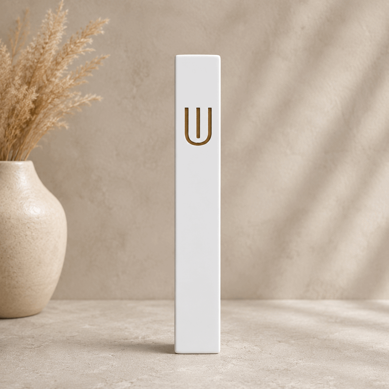Mezuzah Case – White Concrete Mezuzah with Gold Shin | Fits 5.9" or 7.9" Klaf