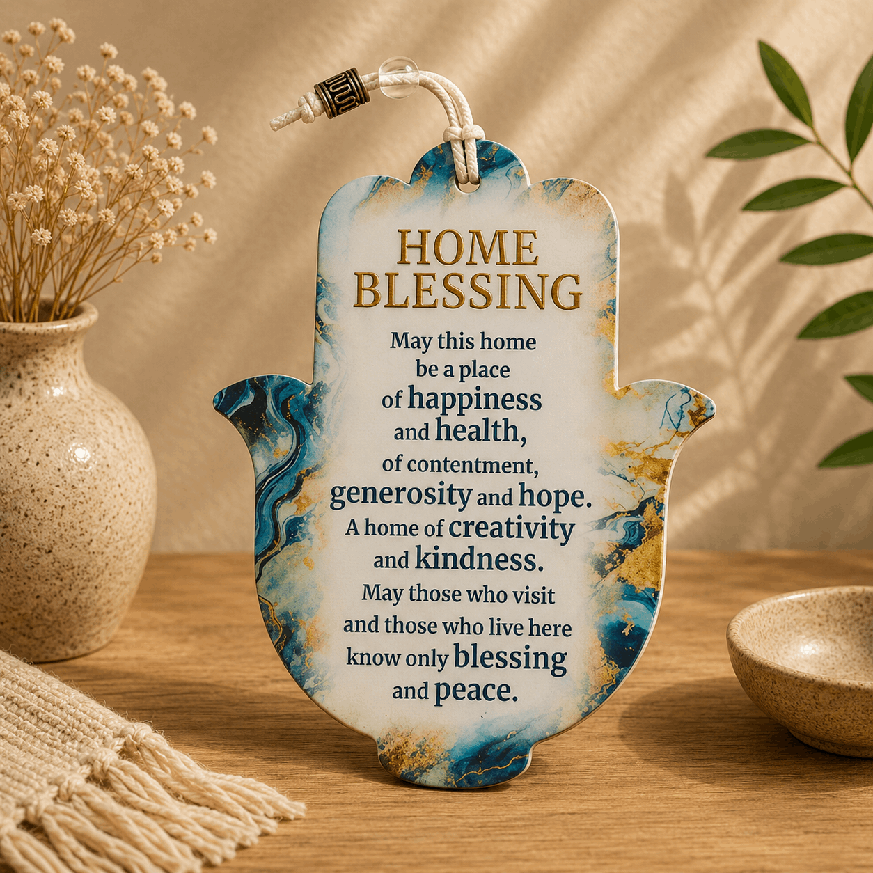 English Birkat HaBayit Hamsa Wall Decor – Light Marble Epoxy & Wood