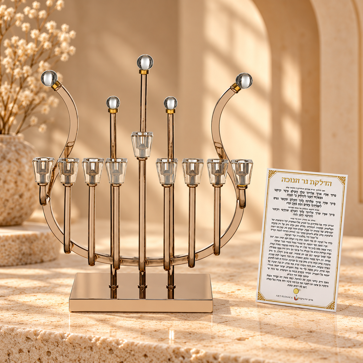 Hanukkiah – Luxury Rose Gold Plated Metal Hanukkah Menorah | Or HaZahav Harp Design with Glass Cups