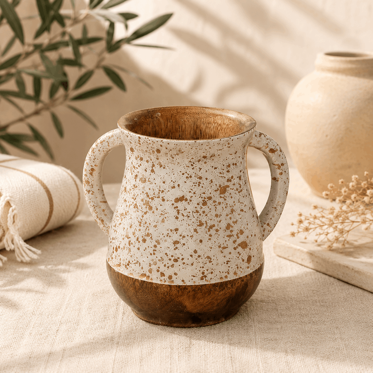 Netilat Yadayim Washing Cup - Compact Mango Wood Gold Speckled