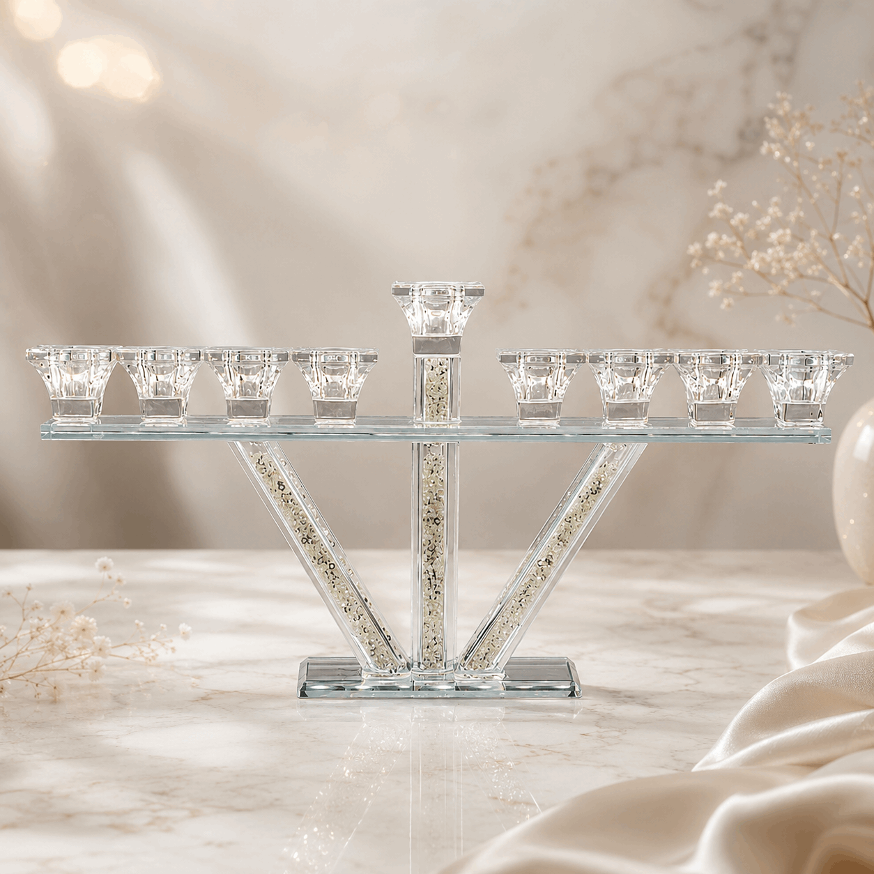 Hanukkiah – V-Line Crystal Hanukkah Menorah | Colorful or Clear Crystal Edition