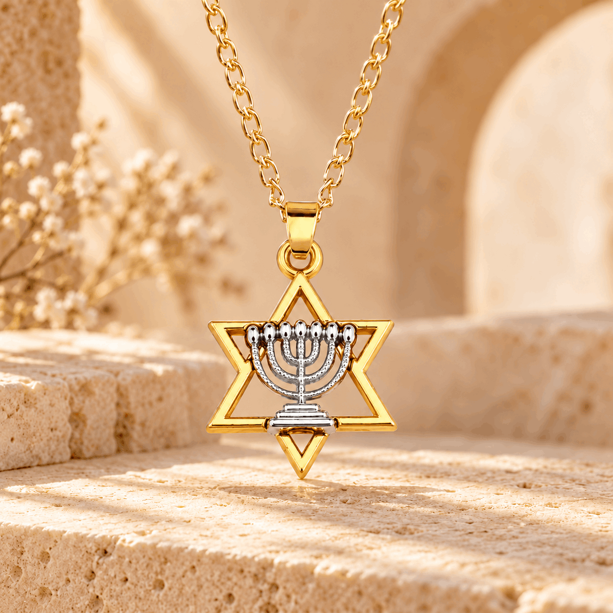 Star of David Necklace with Silver Menorah – Gold Magen David Pendant, Unisex Jewish Jewelry