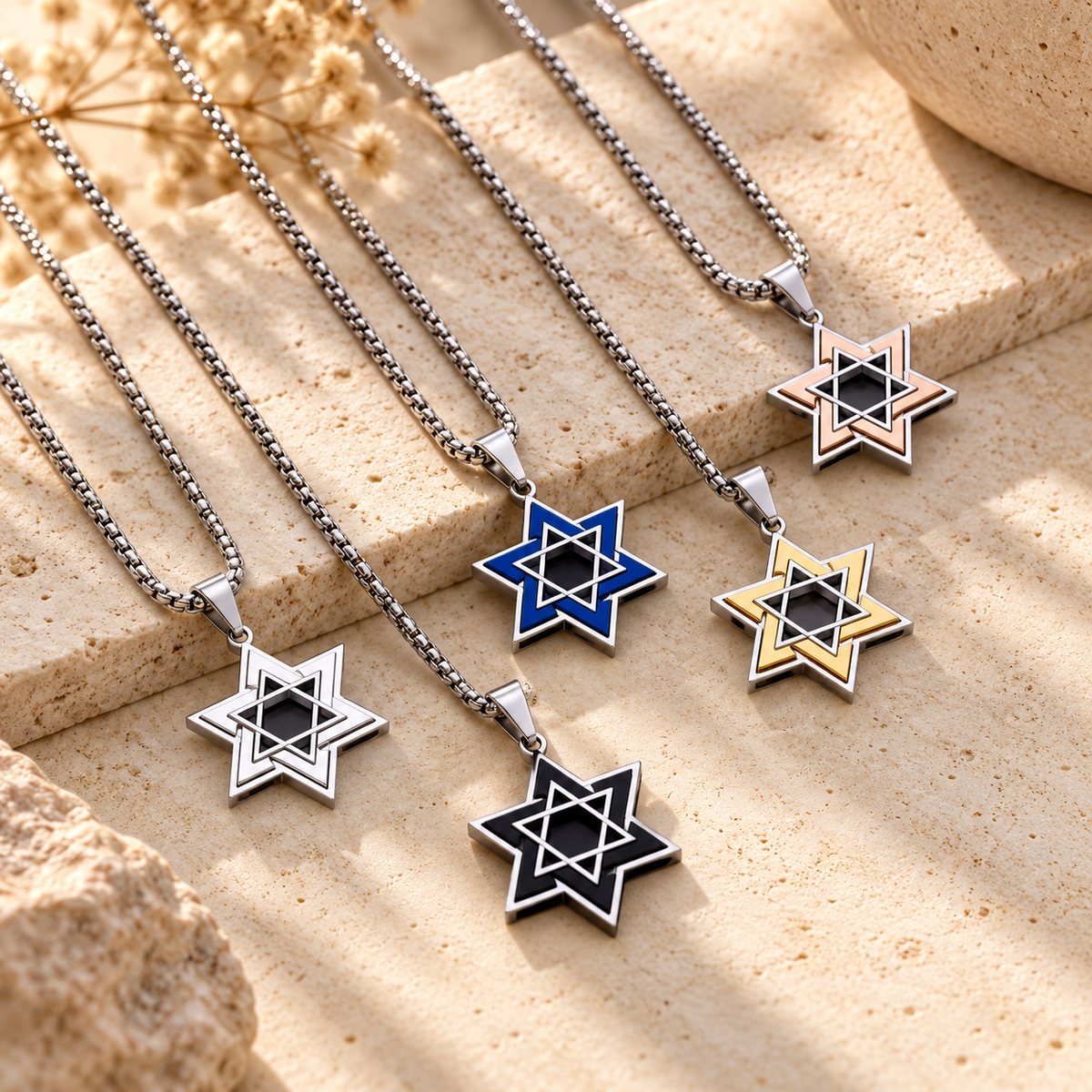 Star of David Necklace – Stainless Steel Magen David Pendant | Silver with Black, Blue, Gold, Rose Gold or Silver Accents