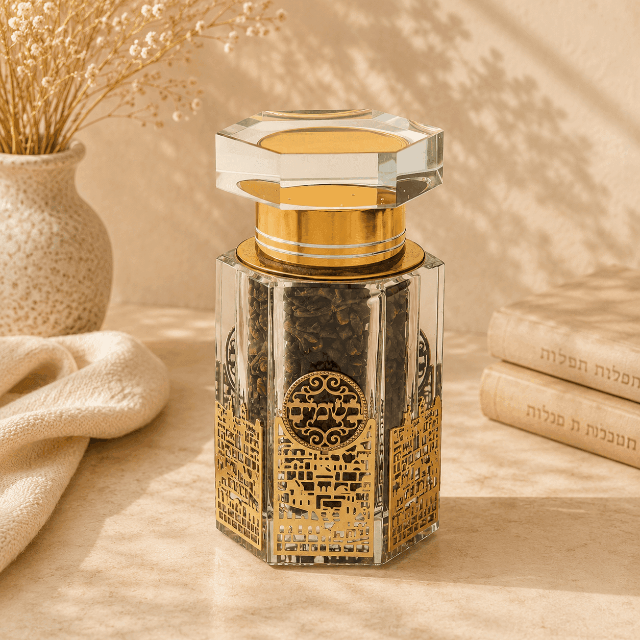 Besamim Holder - Crystal Jerusalem Gold & Silver