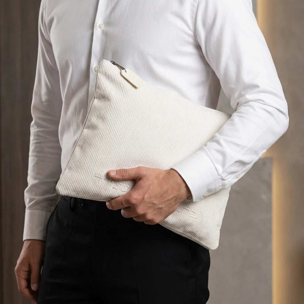 Tallit & Tefillin Bag Set - Corduroy "Yevarechecha" White Edition