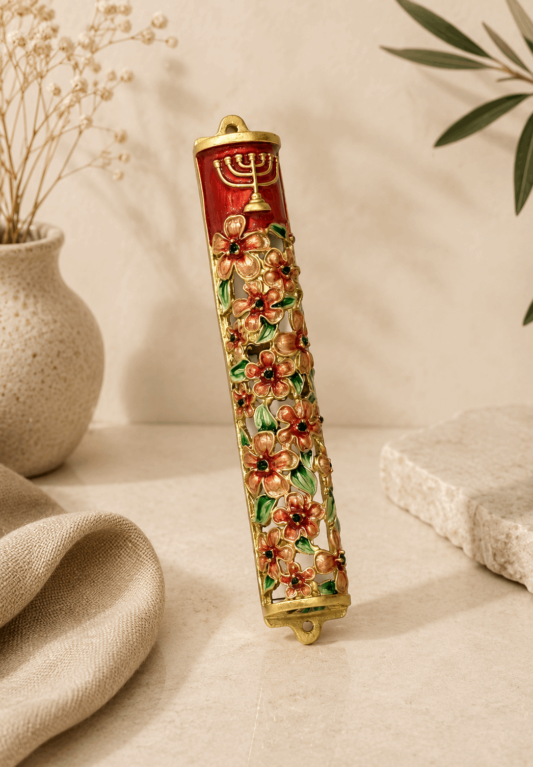 Mezuzah Case – Floral Menorah Metal Mezuzah | Fits 5.5" Klaf