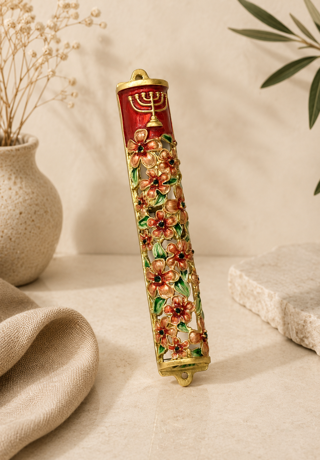 Mezuzah Case – Floral Menorah Metal Mezuzah | Fits 5.5" Klaf