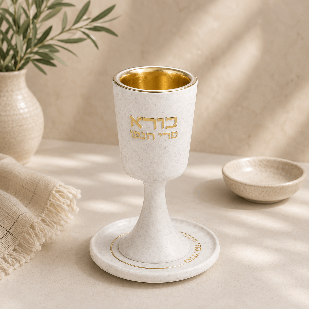 Kiddush Cup with Stem & Saucer - Modern Stone Finish